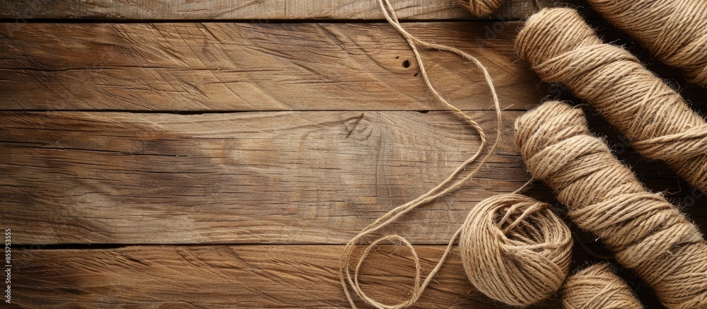 Poster Hemp cloth with threads on wooden background, closeup. Copy space image. Place for adding text or design