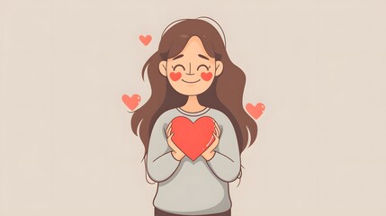 Smiling girl holding a heart with love and joy, surrounded by floating hearts