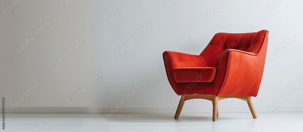 Poster modern graceful red armchair made from soft plastic and wood. side view. with copy space image. plac