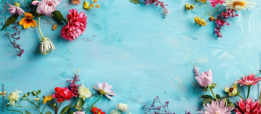 Aufkleber beautiful flowers and stationery on light blue background, flat lay with space for text. teacher's d