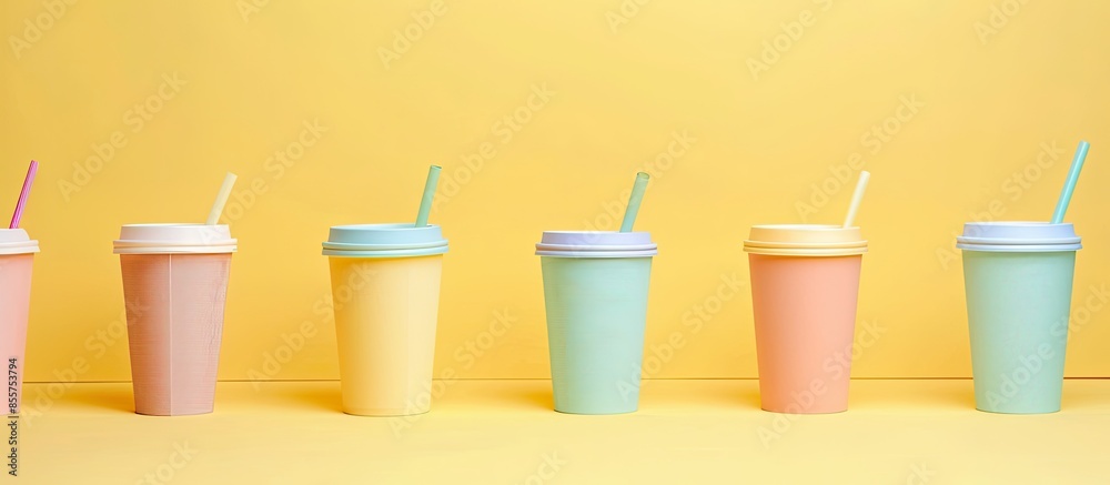 Poster Different disposable cups on yellowpastel background. with copy space image. Place for adding text or design