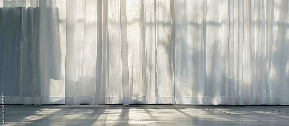 Poster closeup bottom of white fabric curtain, the glass door is behind, with the shadow and the sunlight c