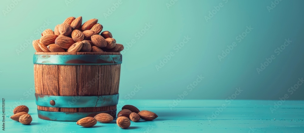 Leinwandbilder Wooden cask of Almonds Isolated on pastel background. with copy space image. Place for adding text or design