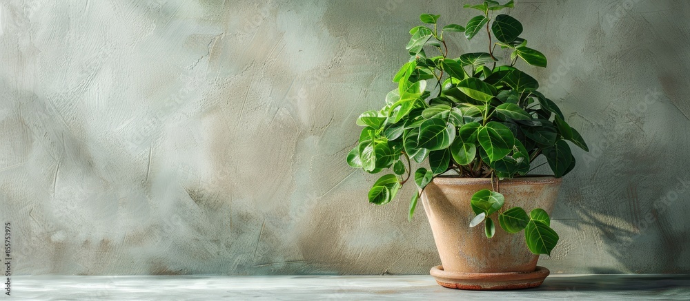 Aufkleber clay pot with green ficus stand on the table, home gardening. with copy space image. place for addin