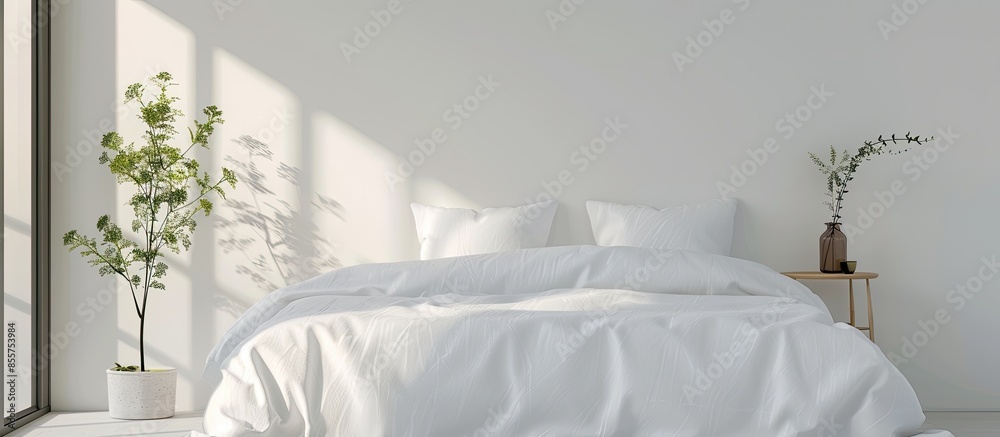 Aufkleber bed and  bedspread pillow white in in bedroom. with copy space image. Place for adding text or design