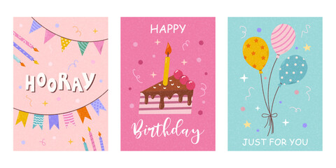 Set of cute birthday cards design with cake, balloons and party decorations. Vector templates great for poster, Invitations, banner and flyer