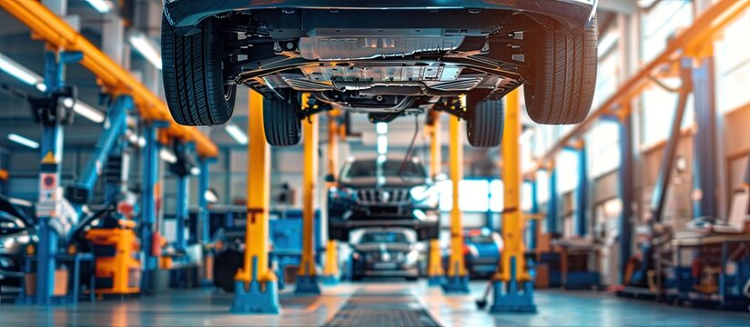 Modern car in a car service on a lift. Suspension elements and exhaust system. Auto parts and car service. Selected focus. Copy space image. Place for adding text or design