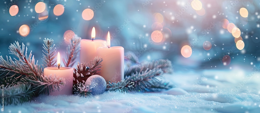 Poster Christmas composition of candles on a pastel background3. with copy space image. Place for adding text or design