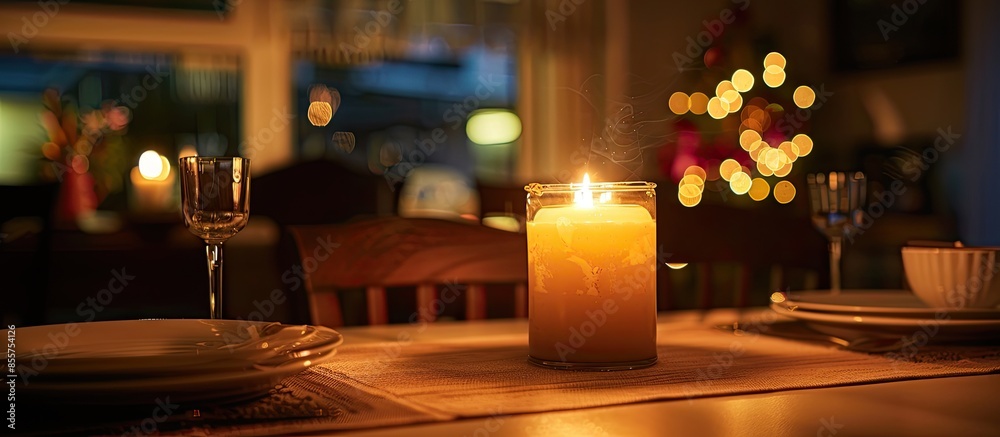 Poster A lit candle on a table in a dining room. with copy space image. Place for adding text or design