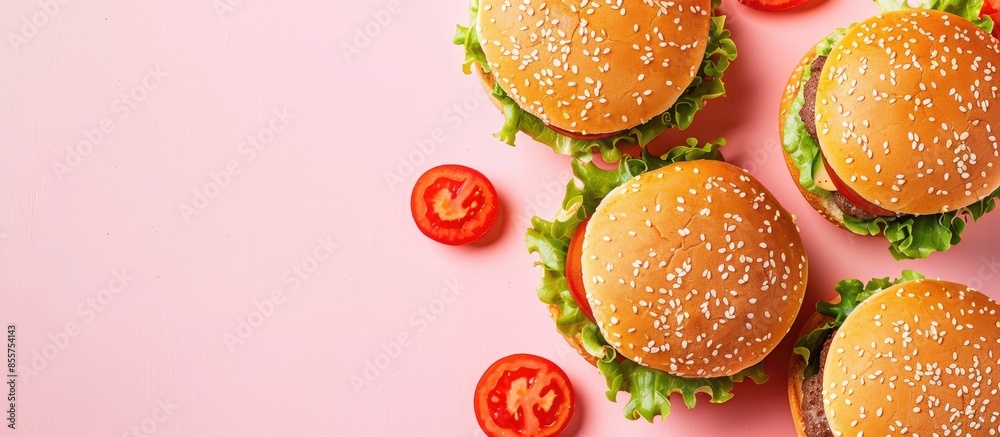 Poster Hamburger rolls on pastel background Hamburger  Isolated. with copy space image. Place for adding text or design