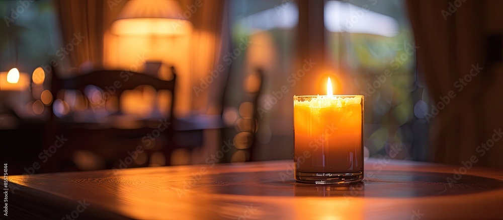 Poster A lit candle on a table in a dining room. with copy space image. Place for adding text or design