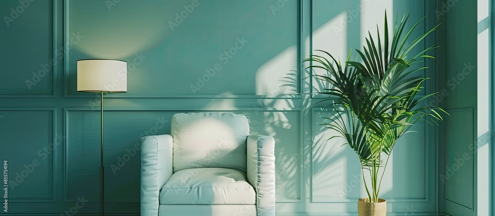 Poster Armchair and potted plant in a room with mint lampshade. Copy space image. Place for adding text or design