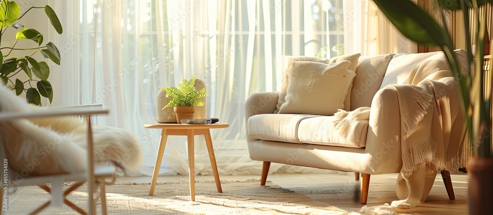 Poster comfortable living room with soft carpet light sofa with cushions coffee table ad armchair potted pl