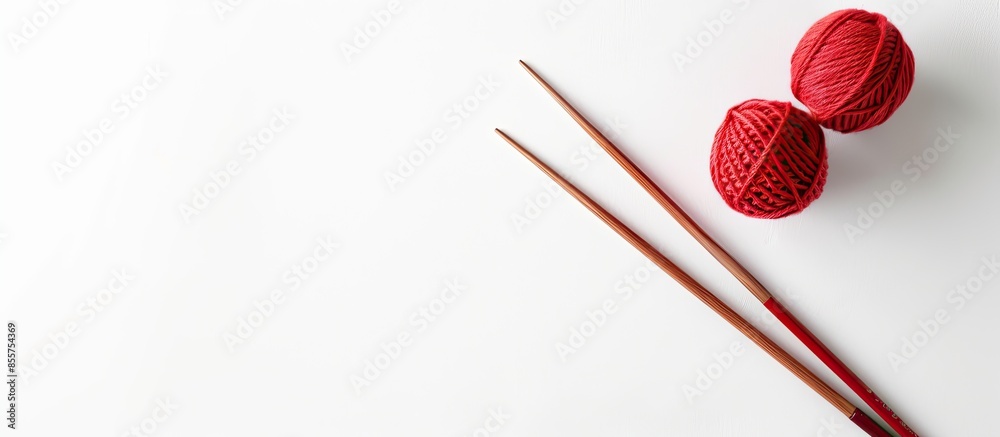 Poster Hobby items. Knitting needles and ball for knitting isolated on white background. Copy space image. Place for adding text or design