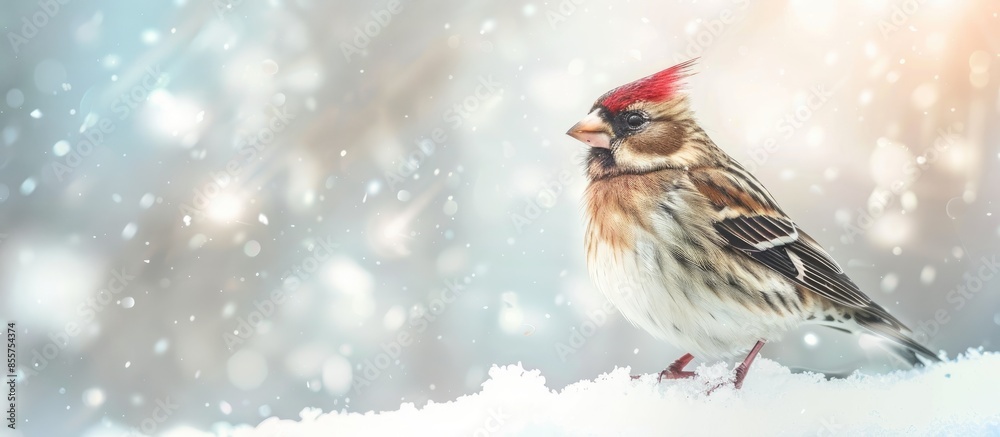 Aufkleber Common redpoll isolated on pastel background snow on a bright winter day. with copy space image. Place for adding text or design