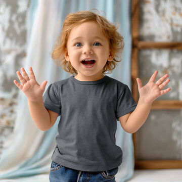 Kid toddler gray tshirt mockup, children's casual apparel mock up. Little kid model short sleeve t-shirt mockup. Blank crewneck t-shirt for graphic design