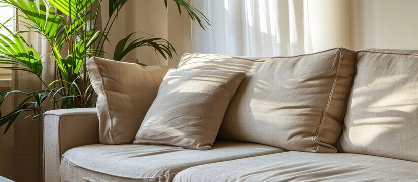 A detail shot of a beige couch in a living room. with copy space image. Place for adding text or design