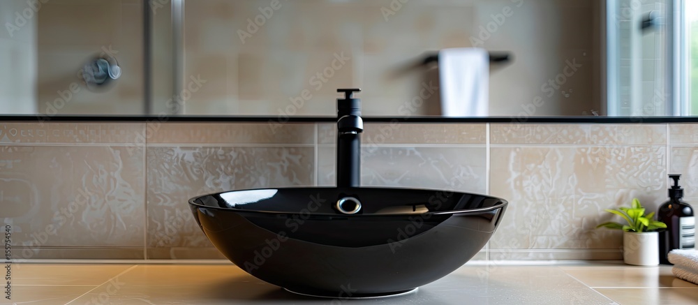 Poster stylish vessel sink with black basin mixer on light countertop in modern bathroom. with copy space i