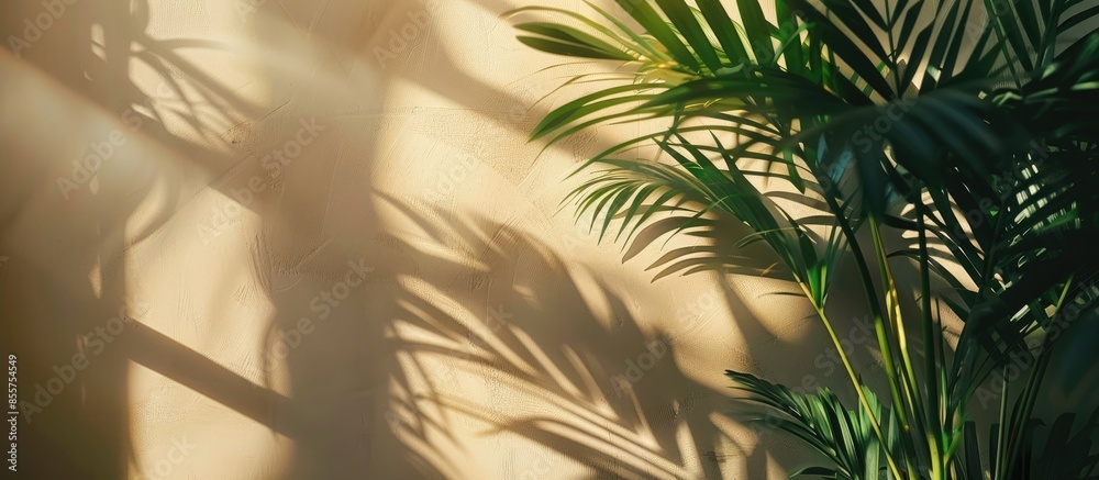 Poster aesthetic sunlight shadows on the wall. blank screen laptop computer with copy space. tropical plant