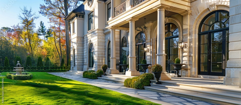 Poster beautiful exterior of newly built luxury home. has yard with green grass and stately columns. with c