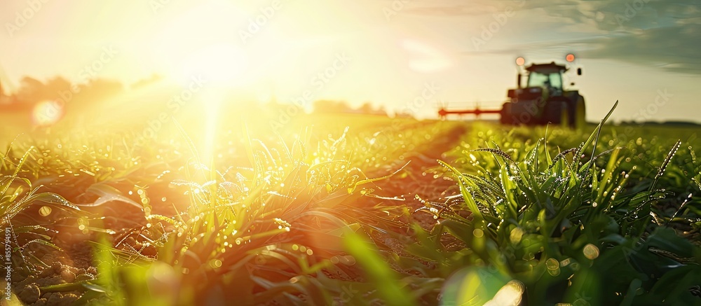 Leinwandbilder Creative agricultural landscape. Low angle view through grass to tractor drill in sunlight. Copy space image. Place for adding text or design