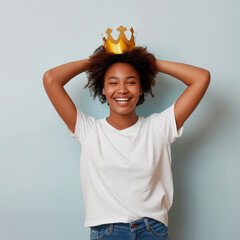 Birthday queen mockup. Afro american woman wearing a crown. White t-shirt mock up. Black young woman model in blank crewneck tee. Happy birthday woman, mom birthday mock up