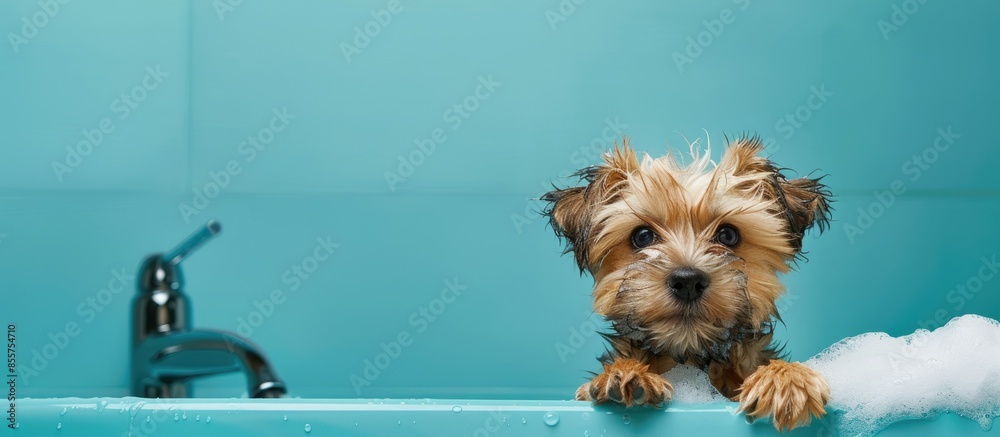 Poster puppy dog is groomed in the tub. pet grooming concept. copy space image. place for adding text or de