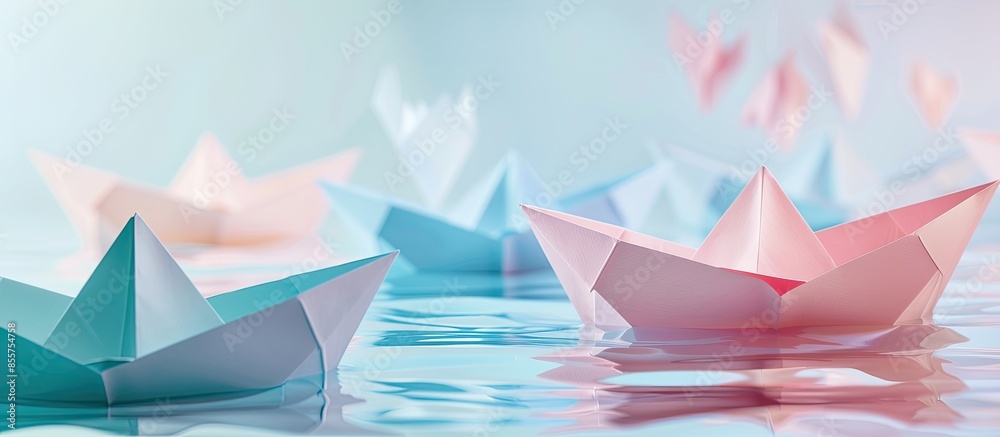 Poster paper boats pastel background business water travel. with copy space image. place for adding text or