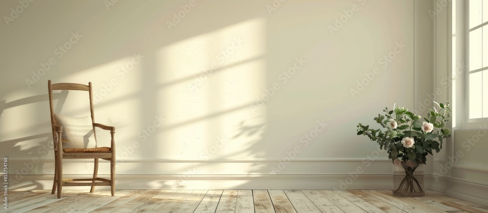 Poster bright room in a simple rural style with old vintage furniture and a bouquet of flowers. with copy s