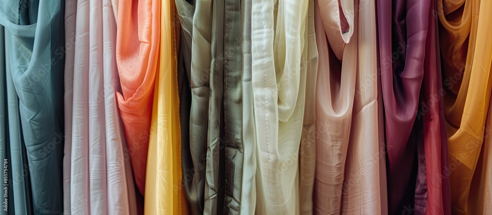 Poster Beautiful curtains of different colors hang on the stand for sale. Curtains hang on the stand in the store. with copy space image. Place for adding text or design
