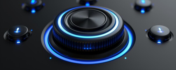 Close-up of a high-tech audio control knob with blue LED lighting
