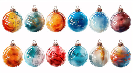 A set of twelve glass ornaments with different colors and designs