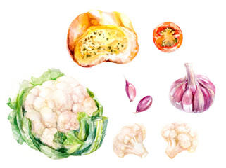 Watercolor Veggie Delight Fresh Garlic, Cauliflower More, captured in a beautiful painting