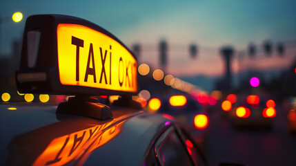Close-up of a taxi sign illuminated against the twilight sky as cabs line up waiting for passengers.