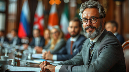 A man in a suit sits at a conference table with other delegates, looking directly at the camera with a thoughtful expression