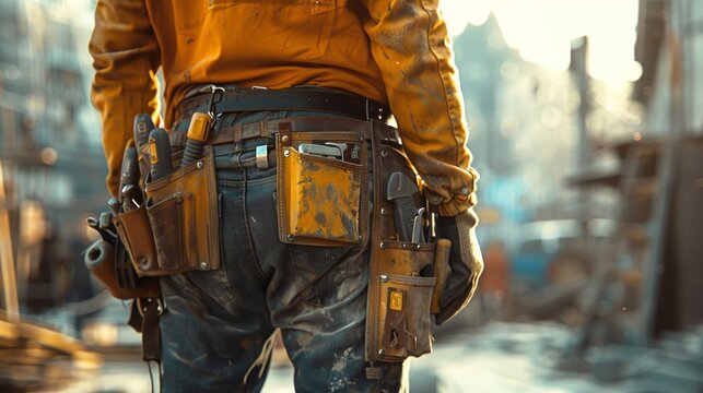 Focused Carpenter at Work: Tools in Use in Urban Environment