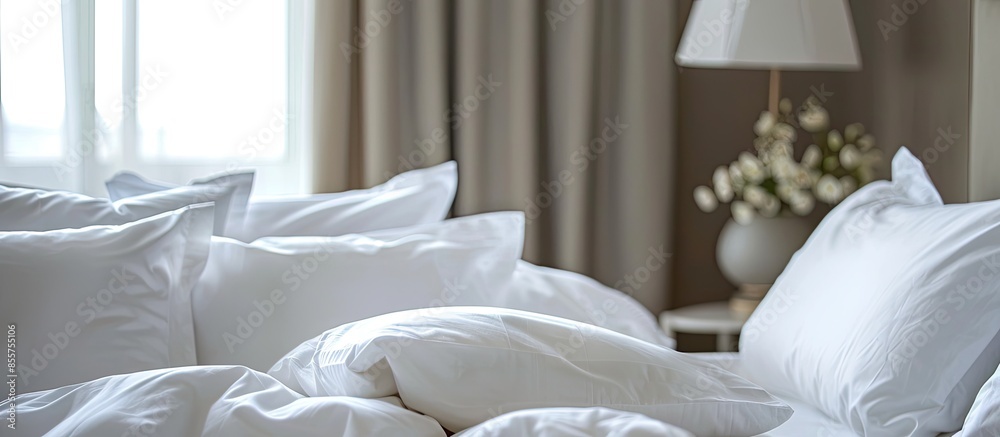Poster closeup of white set of bed linen in decoration store. with copy space image. place for adding text 