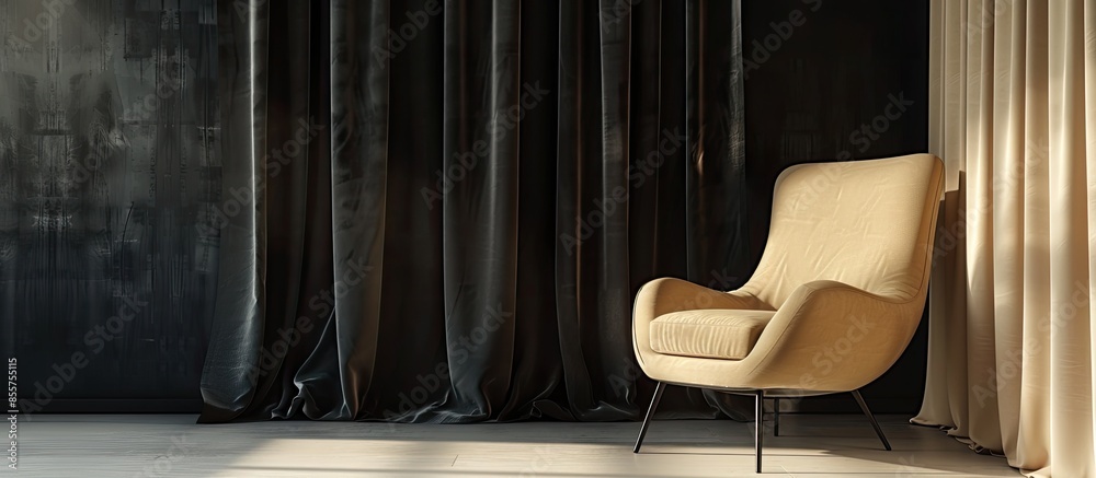 Poster comfortable beige chair near black textile curtains. with copy space image. place for adding text or