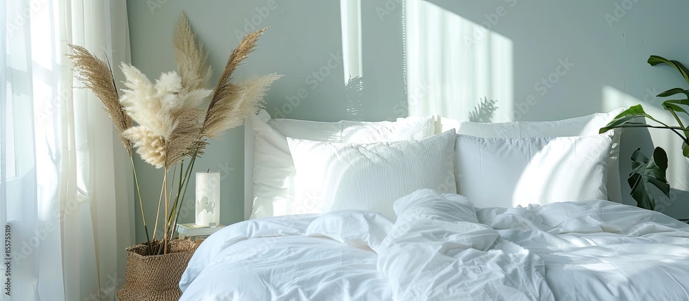 Aufkleber white pillow on bed decoration in bedroom interior. with copy space image. place for adding text or 