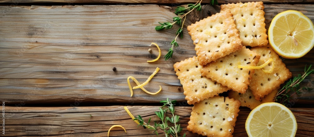 Aufkleber Thyme and lemon crackers with a wooden table background pastel background. with copy space image. Place for adding text or design