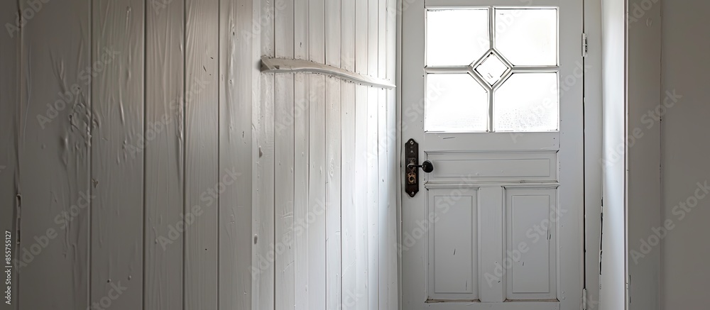 Poster White front door from inside showing diamond shaped window. with copy space image. Place for adding text or design