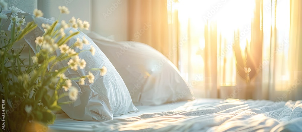 Poster Bedroom luxury design and pillow in hotel. Selective focus and soft flare sunlight. with copy space image. Place for adding text or design