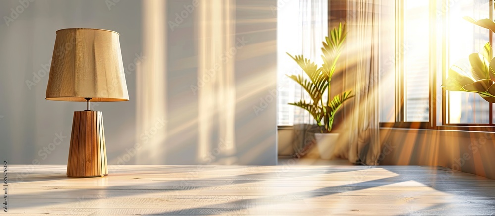 Aufkleber a wooden lamp standing in an office being reflected bu sun rays. with copy space image. place for ad