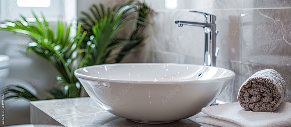 Poster Round white sink in the bathroom close up. with copy space image. Place for adding text or design