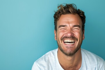 Fototapeta premium Portrait of a smiling caucasian man in his 30s laughing isolated in solid color backdrop
