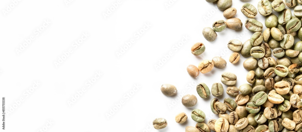 Poster dried green coffee beans isolated on white background, top view. copy space image. place for adding 