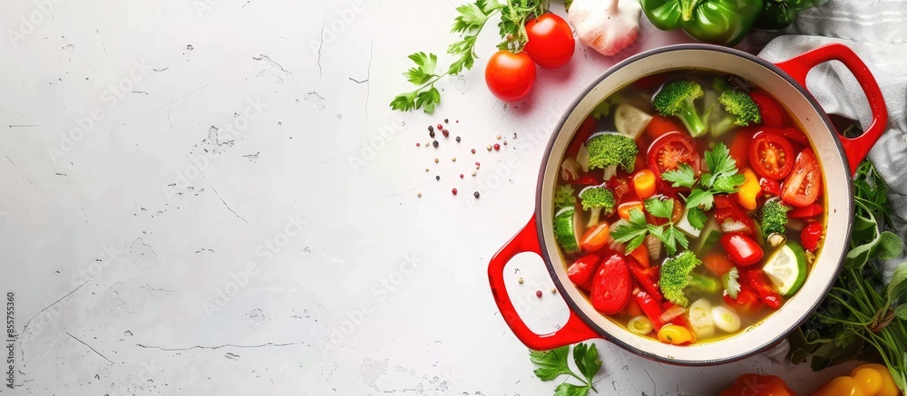Aufkleber Big red pot for soup with vegetables. Copy space image. Place for adding text or design
