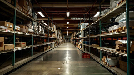 A large warehouse with many shelves and boxes