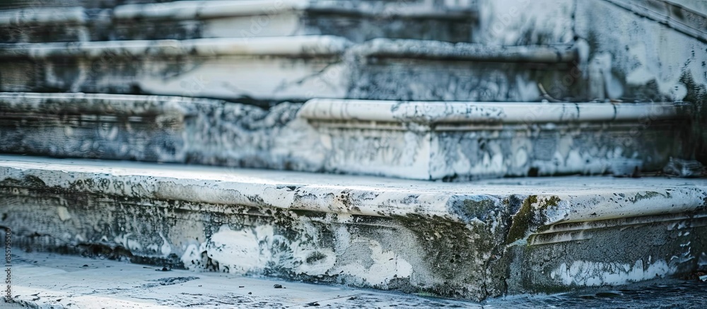 Poster An old stone staircase. Marble steps of the staircase with traces of destruction from time. . with copy space image. Place for adding text or design
