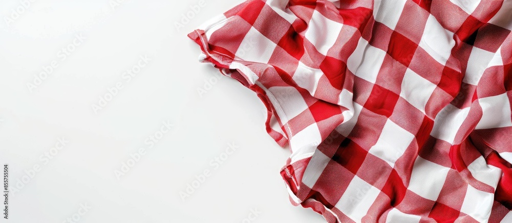 Aufkleber Red and white fabric tablecloth checkered on white background with copy space. Copy space image. Place for adding text or design